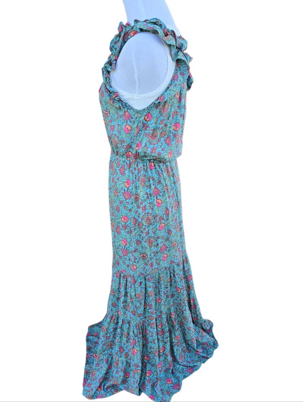 Natural Life Ruffled And Tassle Maxi Dress Teal Pink Orange Green Size XS - Picture 6 of 6